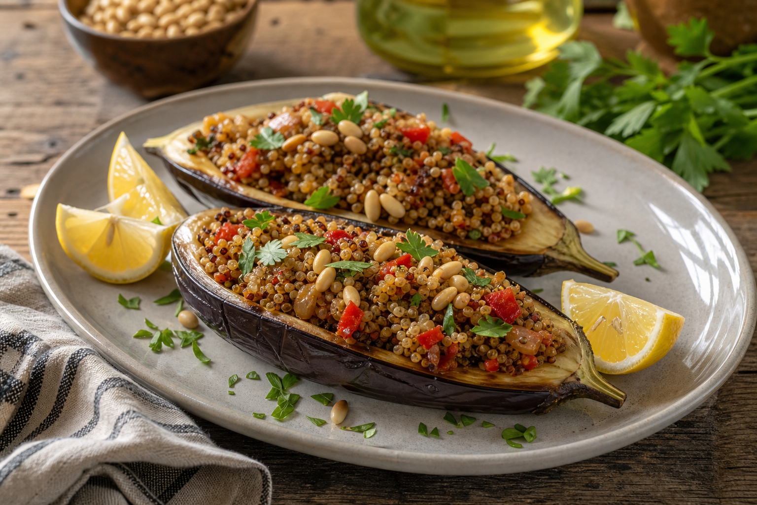 Mediterranean Stuffed Eggplant with Quinoa and Pine Nuts