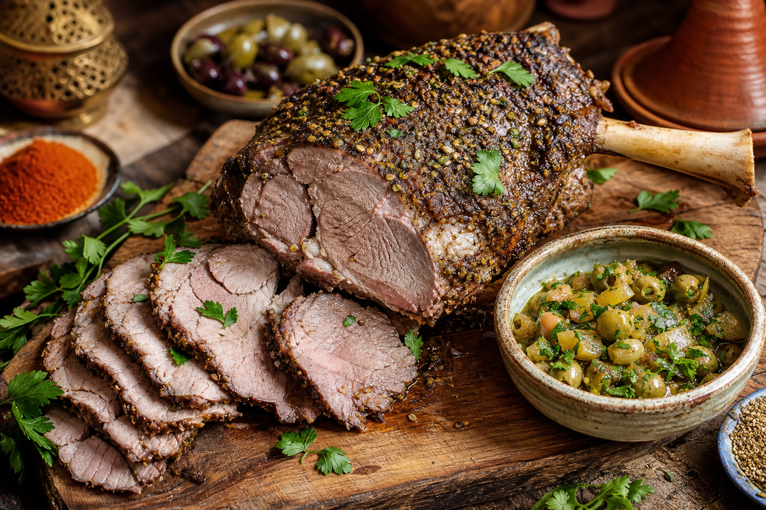 Moroccan Za'atar Roasted Leg of Lamb with Preserved Lemon and Olive Sauce