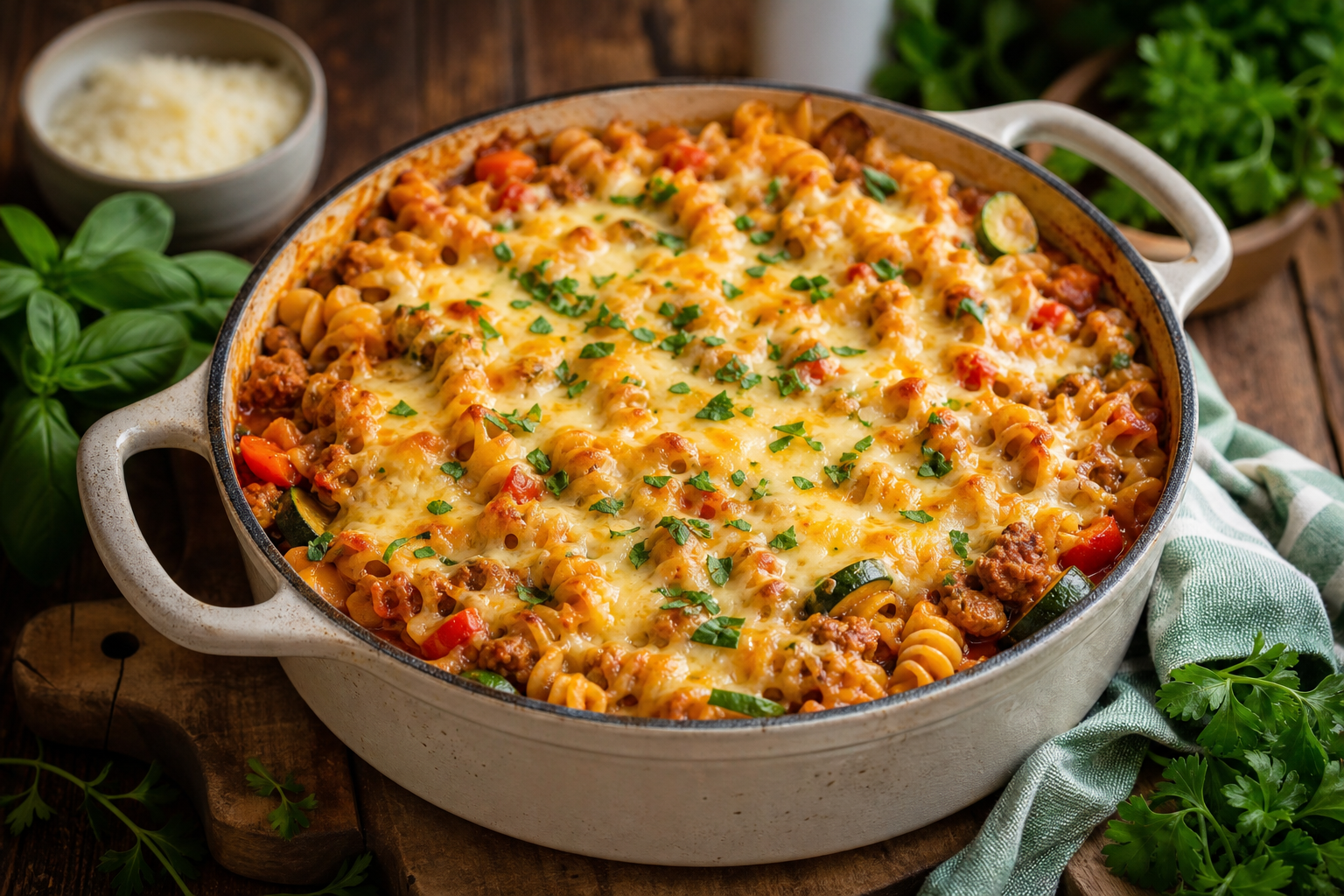 One-Pot Cheesy Turkey Vegetable Pasta Bake
