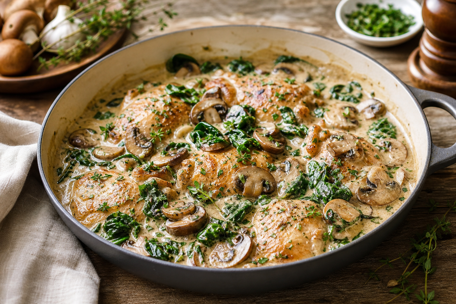 One-Pot Creamy Mushroom and Spinach Chicken Dinner