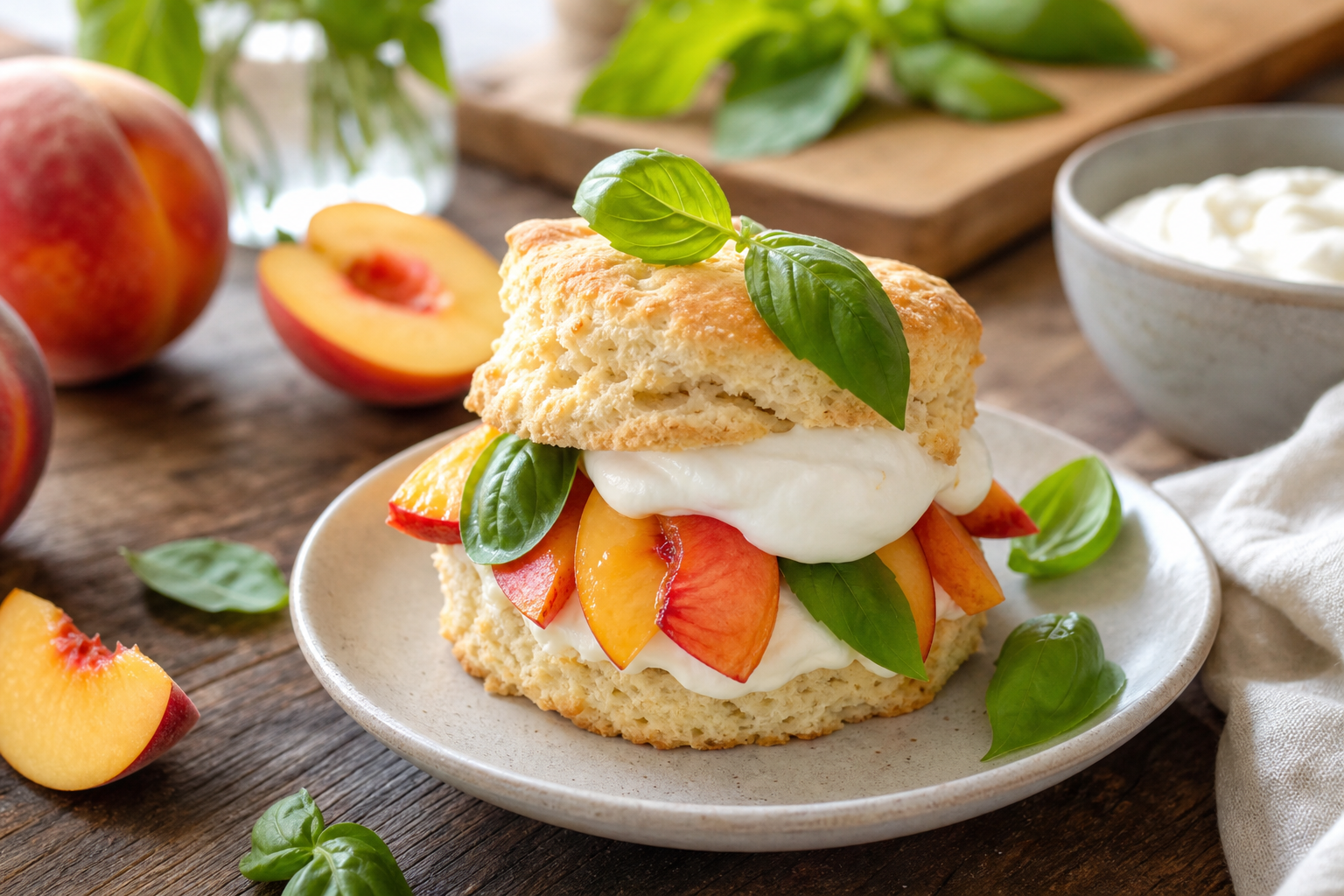 Peach and Basil Shortcake with Whipped Honey Cream