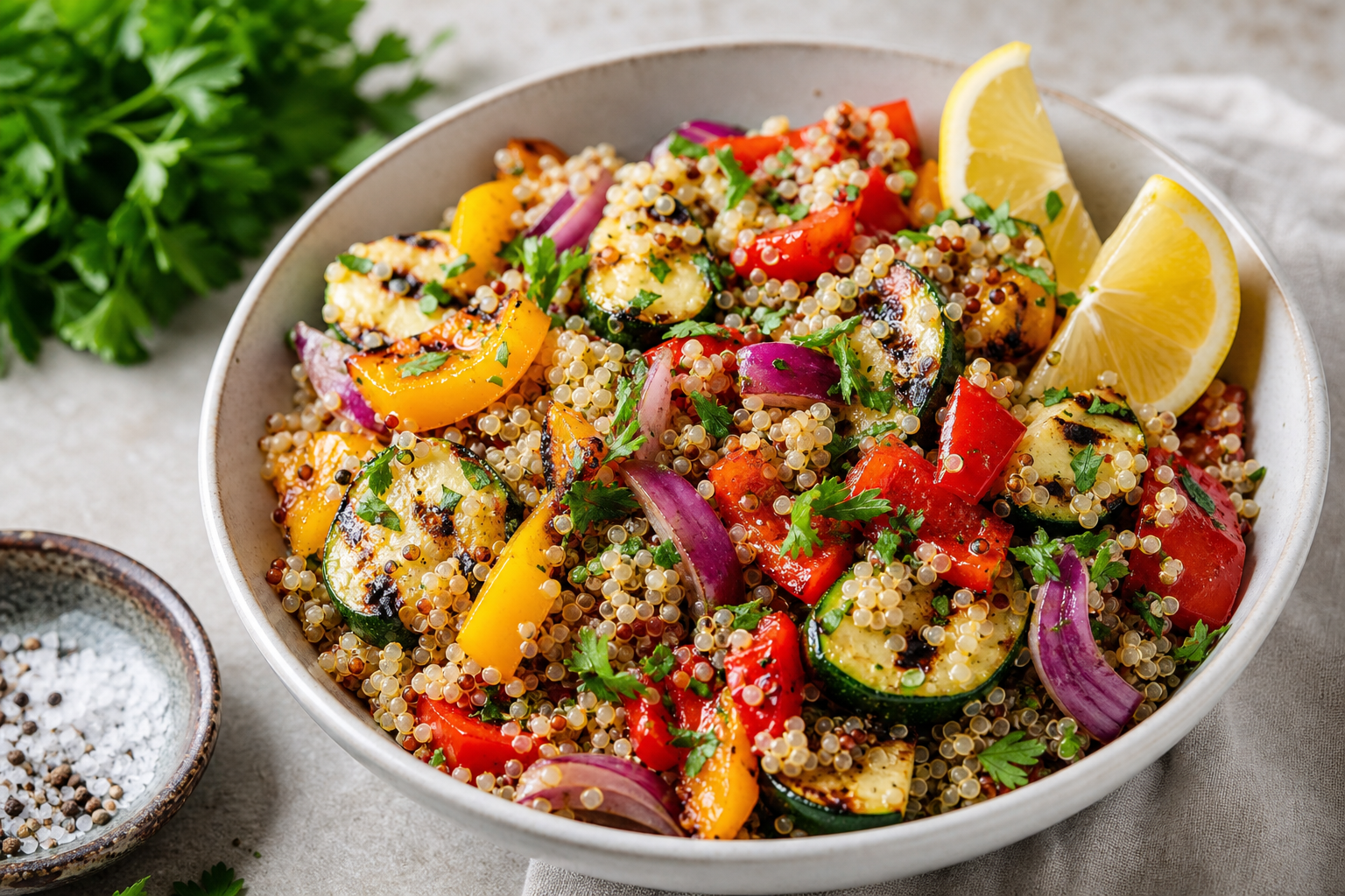 Quinoa and Grilled Vegetable Power Salad with Lemon-Herb Dressing