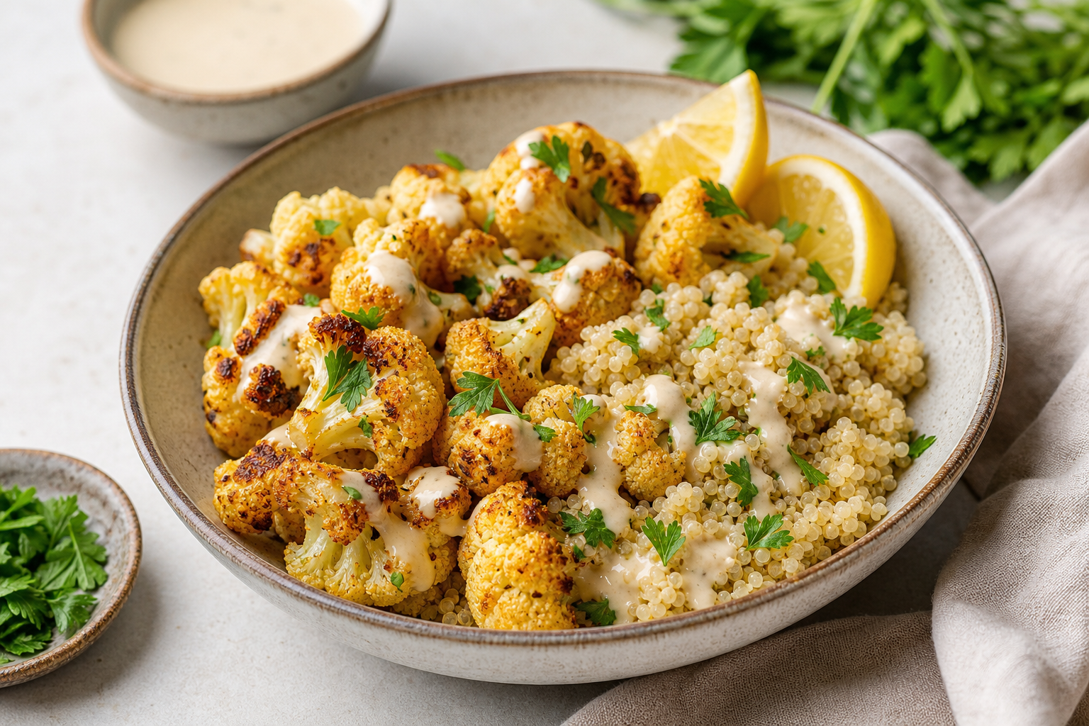 Quinoa and Roasted Cauliflower Gluten-Free Bowl with Lemon Tahini Dressing