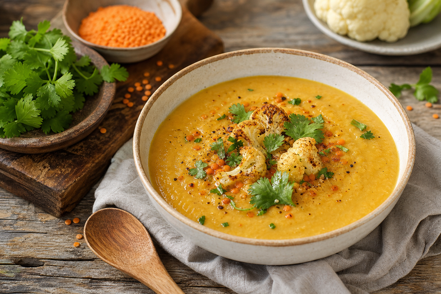 Roasted Cauliflower and Red Lentil Soup with Coconut Milk