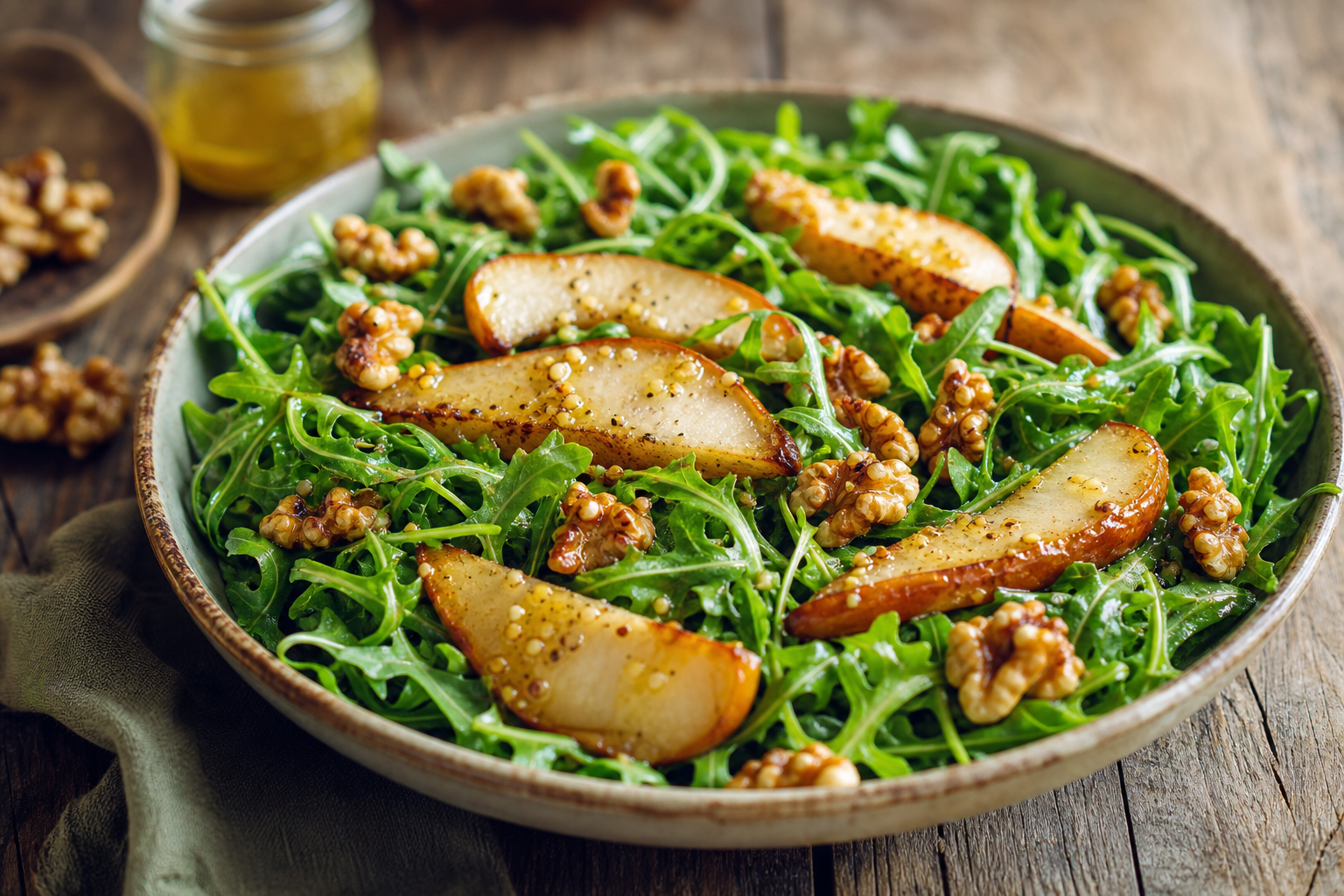 Roasted Pear and Walnut Arugula Salad with Honey Mustard Vinaigrette