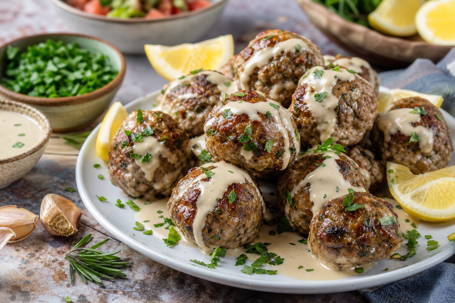 Rosemary Garlic Lamb Meatballs with Creamy Tahini Sauce