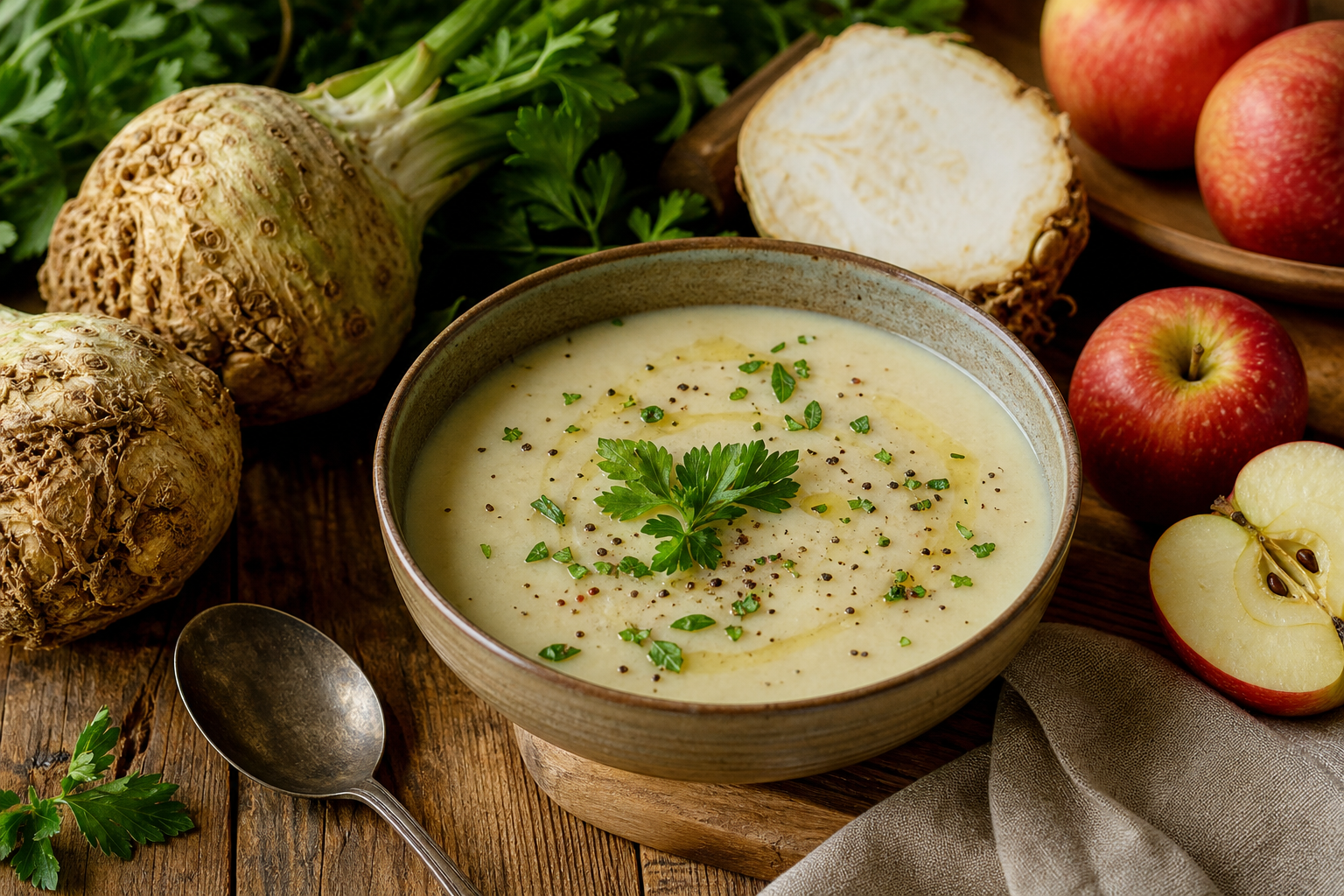 Rustic Roasted Celery Root and Apple Soup