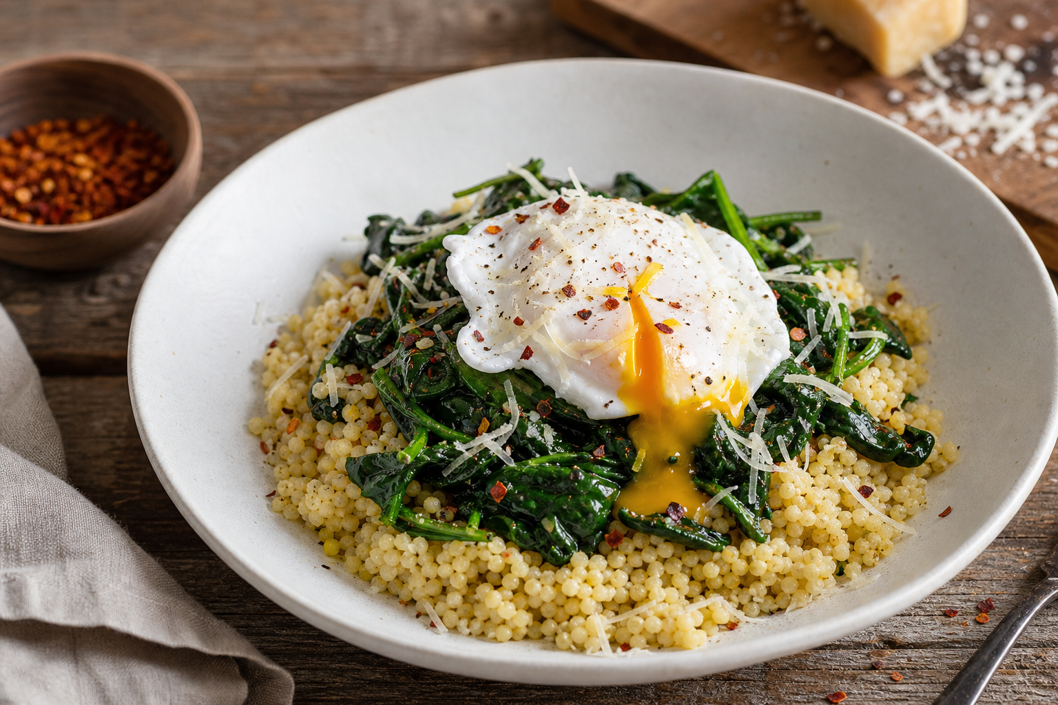 Savory Millet and Spinach Breakfast Bowl with Poached Egg