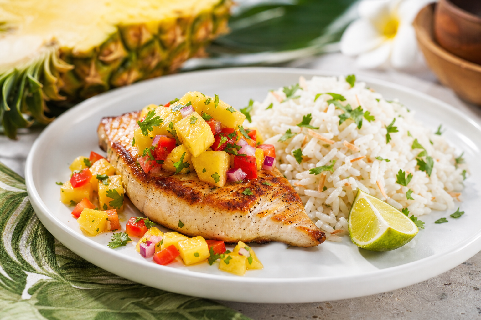 Seared Mahi Mahi with Pineapple Salsa and Coconut Rice