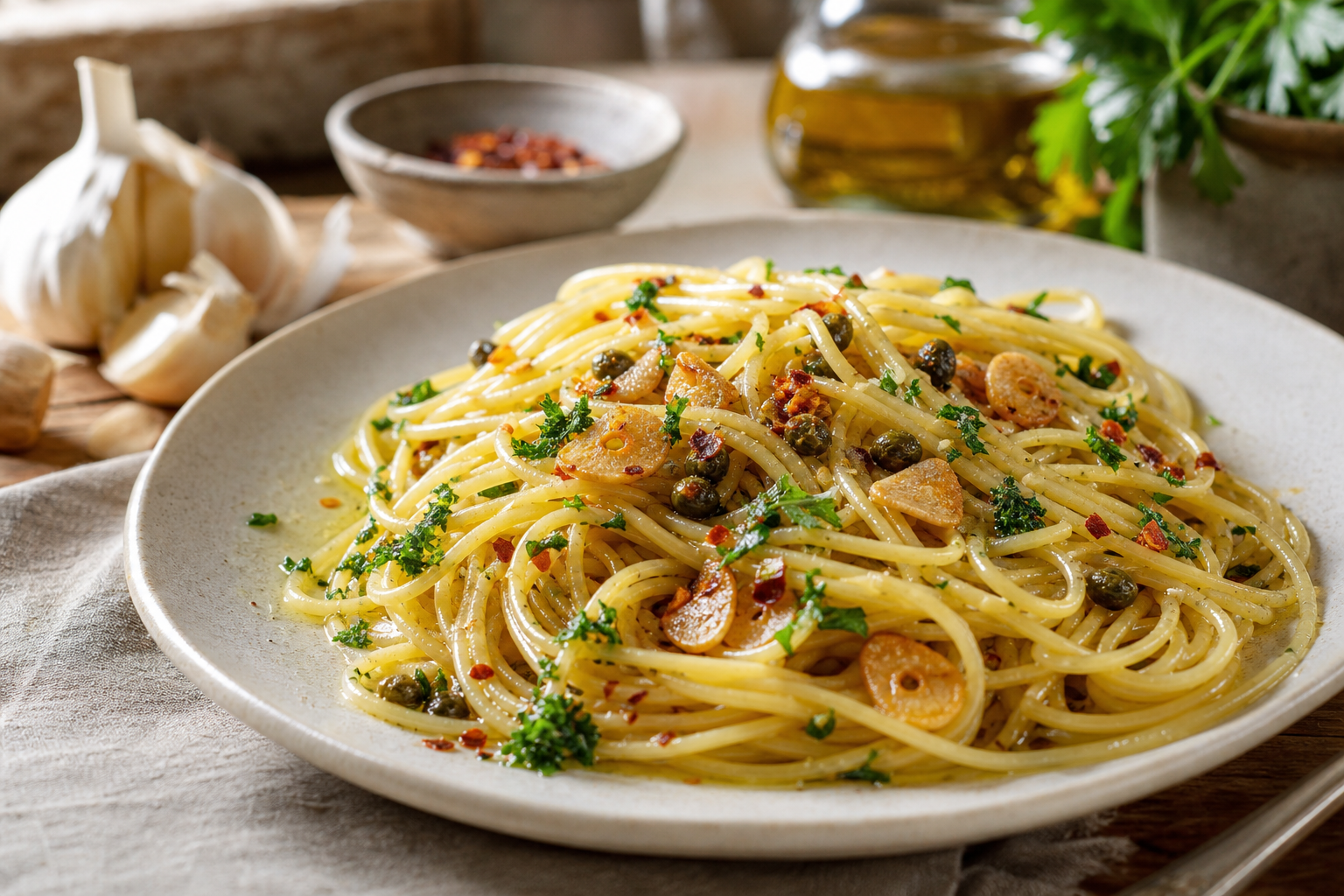 Spaghetti Aglio e Olio with Crispy Capers