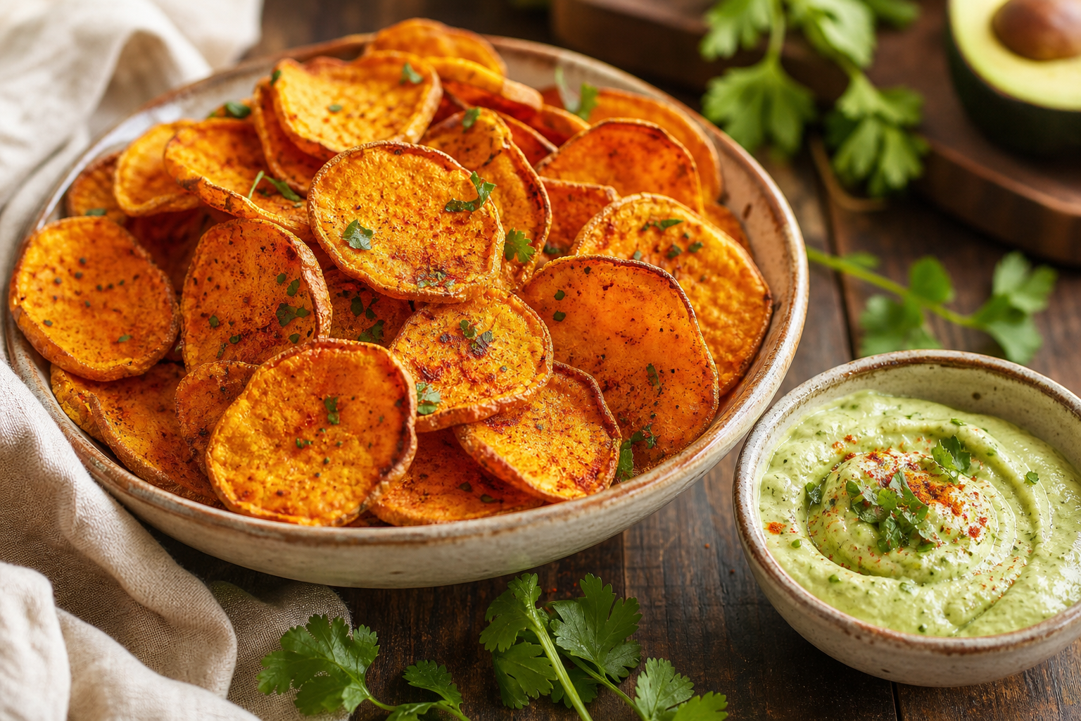 Spiced Sweet Potato Chips with Avocado Ranch Dip