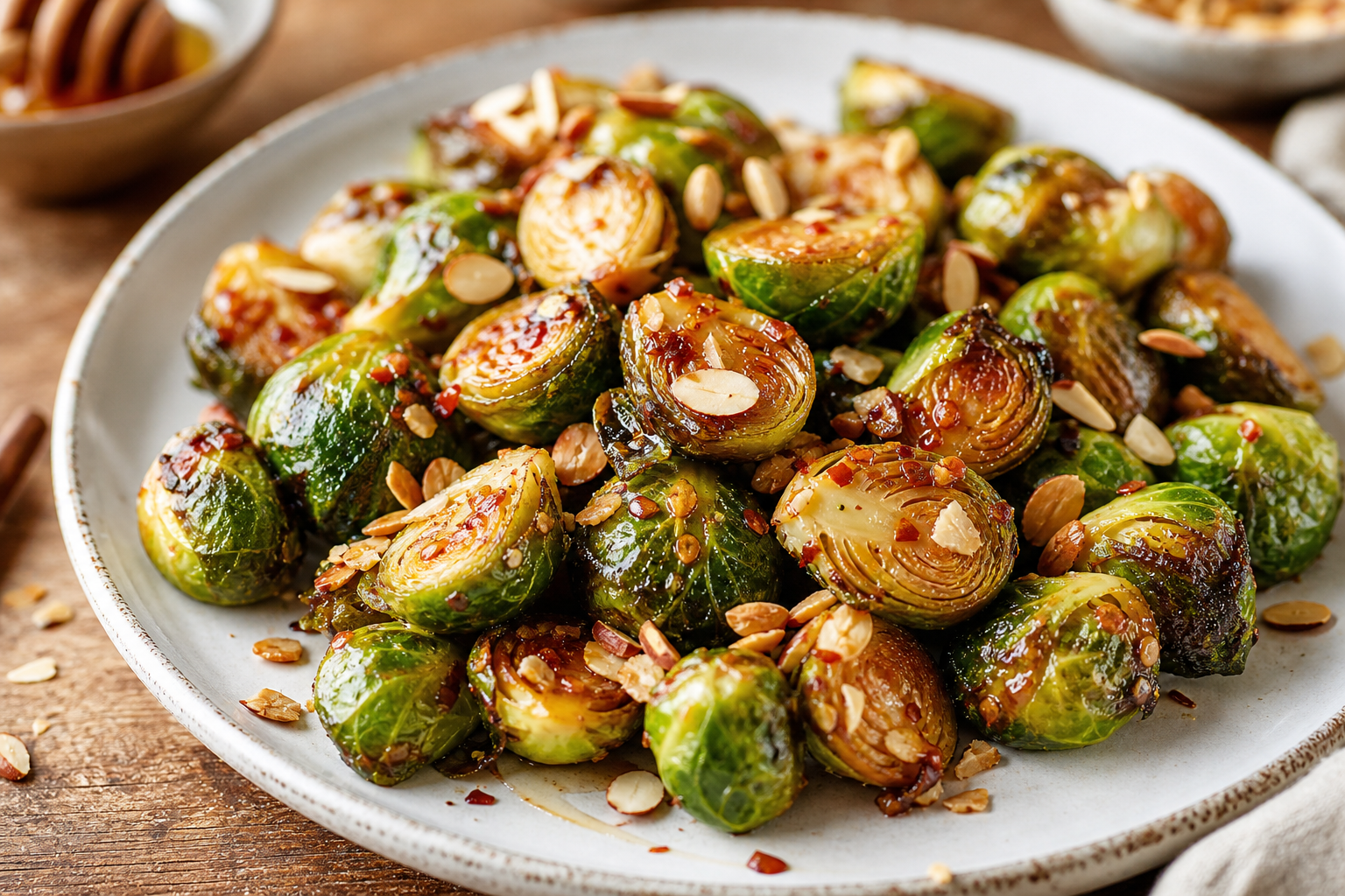 Spicy Honey Glazed Brussels Sprouts with Toasted Almonds