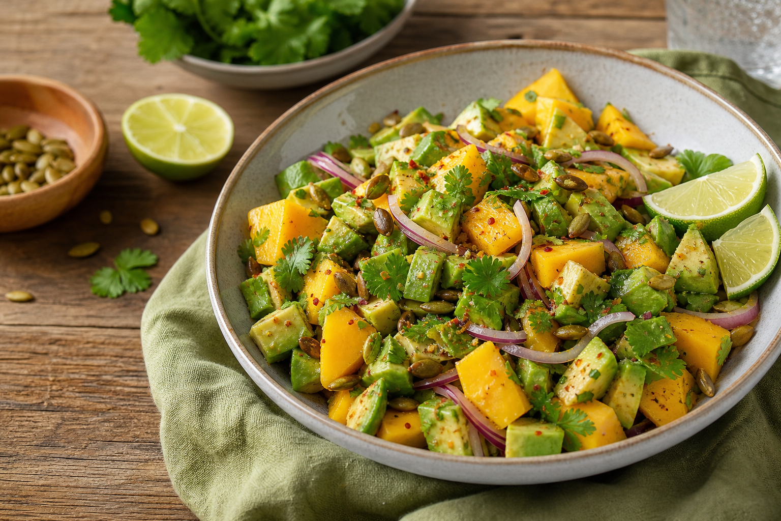 Spicy Mango and Avocado Salad with Toasted Pumpkin Seeds
