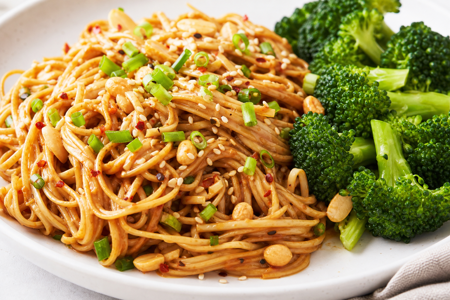 Spicy Peanut and Sesame Noodles with Steamed Broccoli