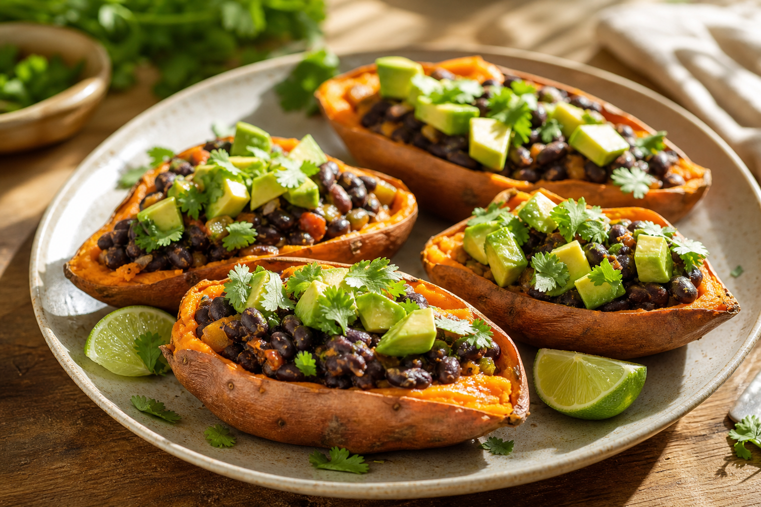 Stuffed Sweet Potato Skins with Black Beans and Avocado