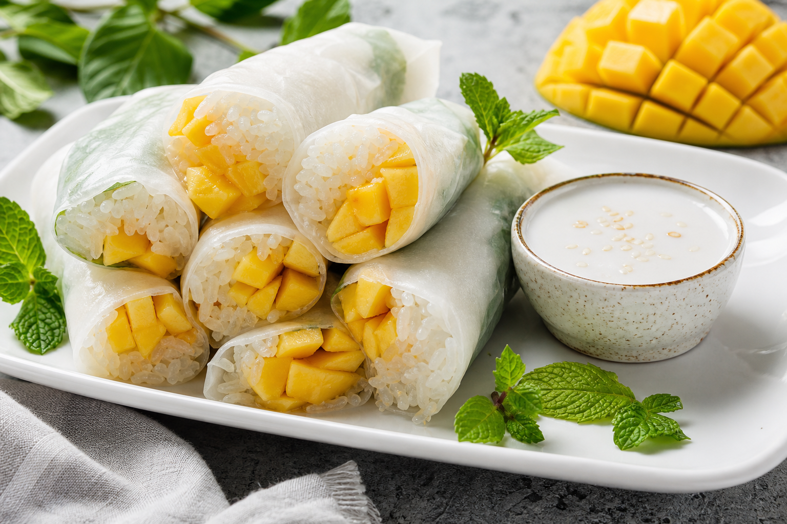 Thai Mango Sticky Rice Spring Rolls with Coconut Dipping Sauce