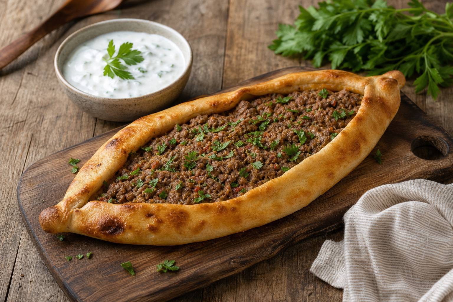 Turkish Lamb Pide with Yogurt Garlic Sauce