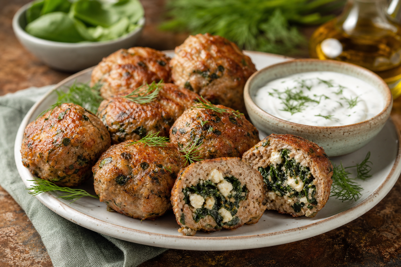 Turkish Spinach and Feta Stuffed Turkey Meatballs